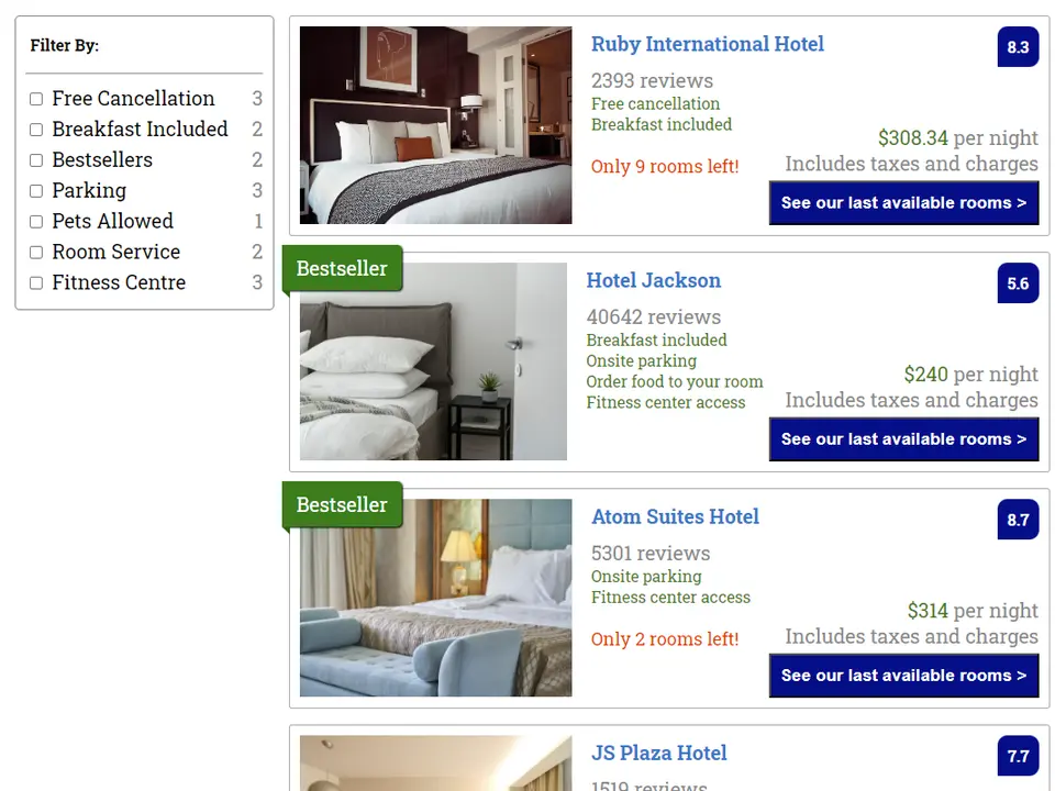 hotel booking app page screenshot