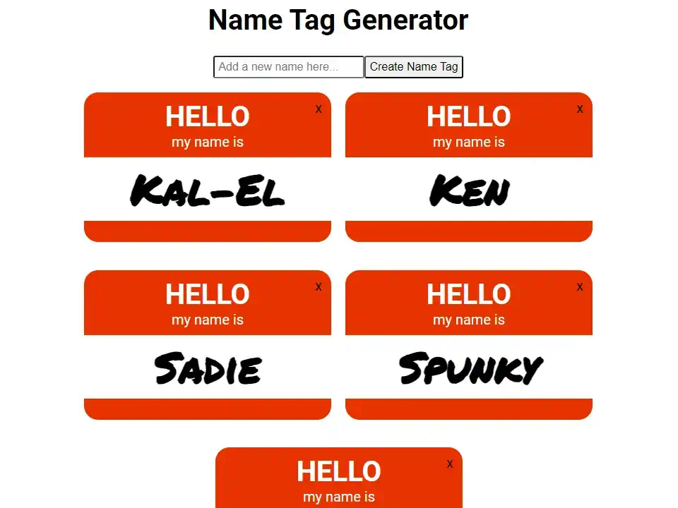 name tags page screenshot